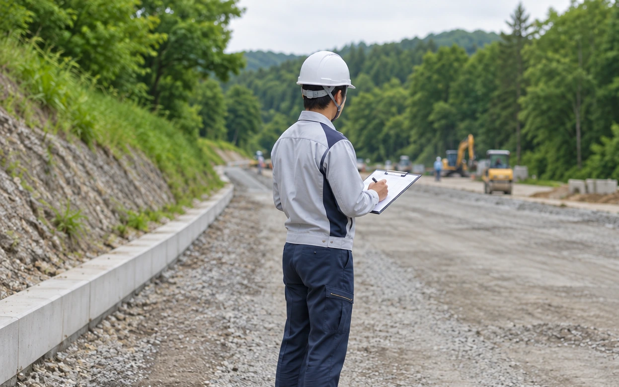 道路工事の現場で図面を確認する技術者