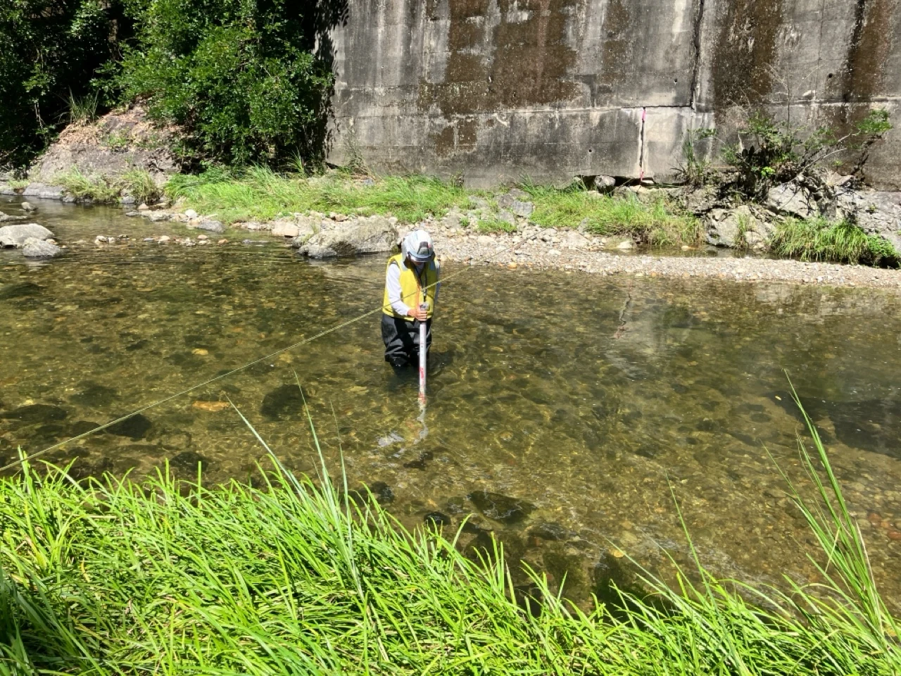 川の中で観測機器を使い流量観測を行う技術者